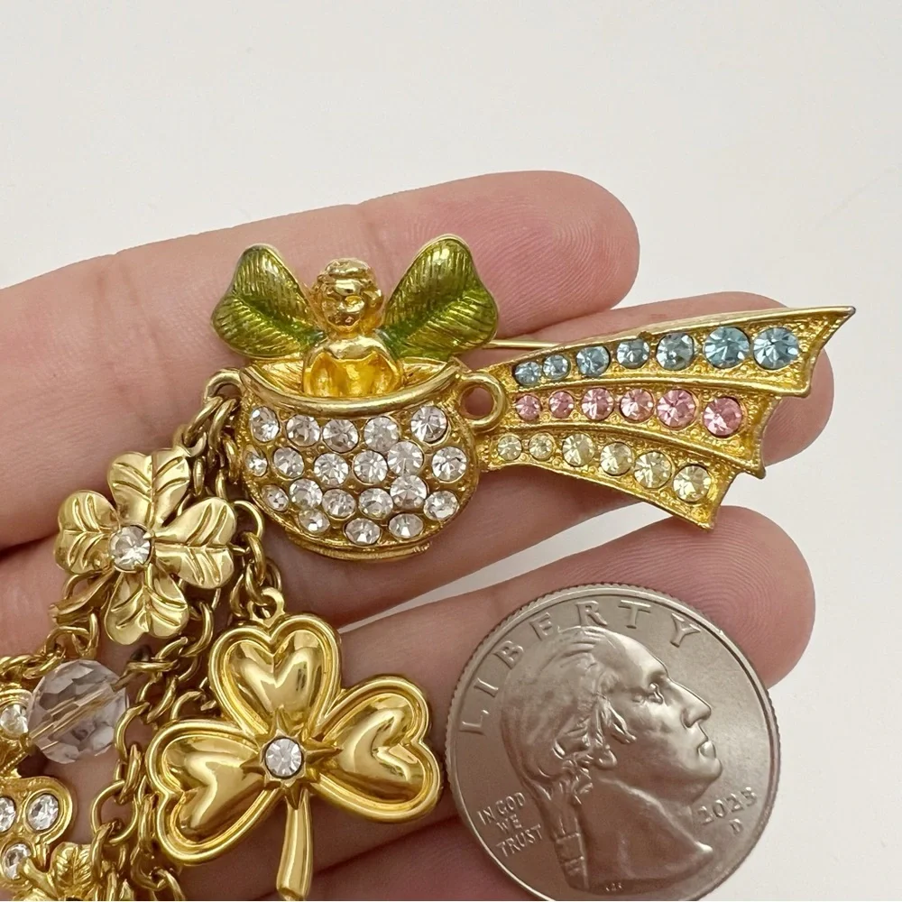 Vintage Kirks Folly Rainbow Clover Lucky Pot Of Gold Dangle Rhinestone Brooch